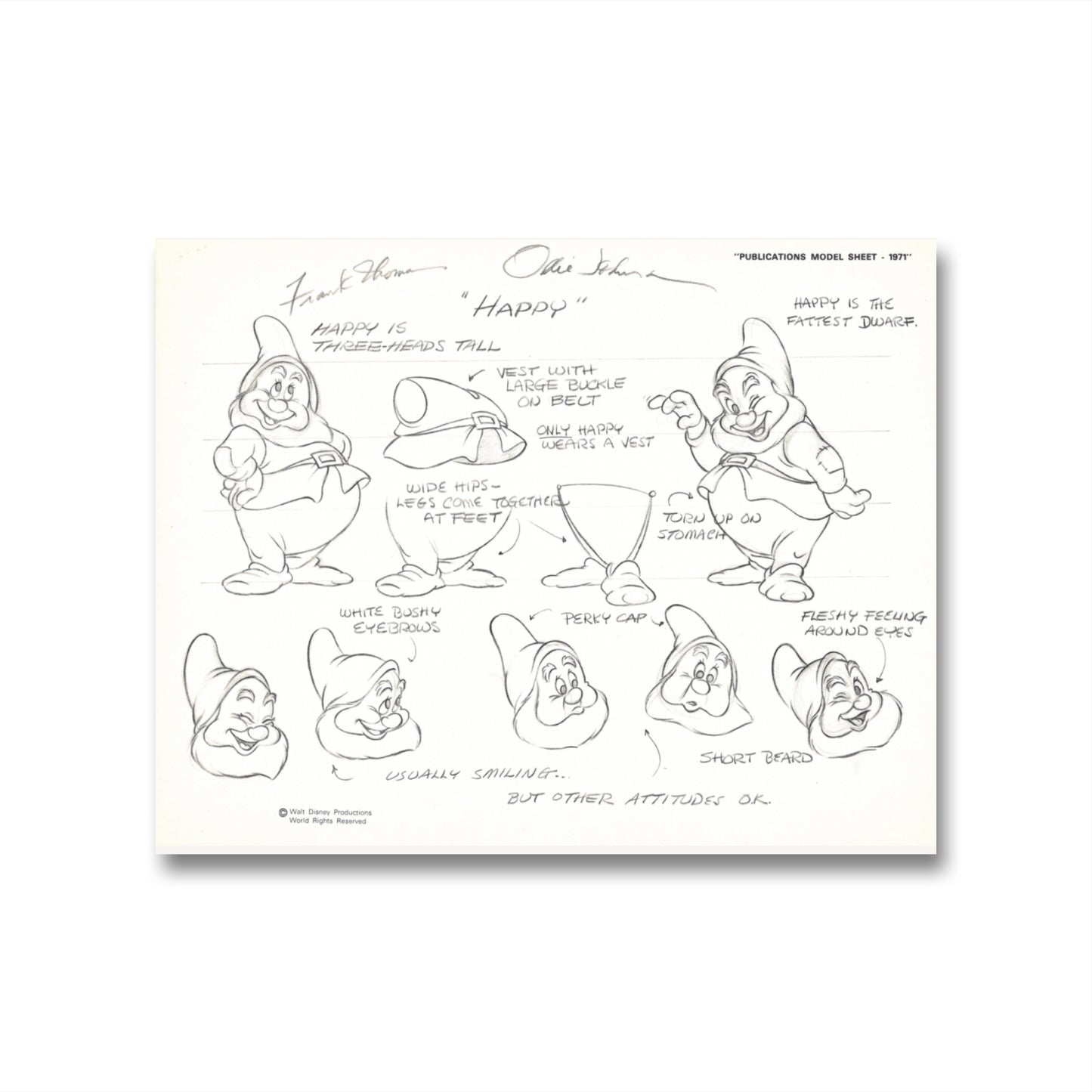 Double Signed Snow White Original Production Model Sheet: Happy