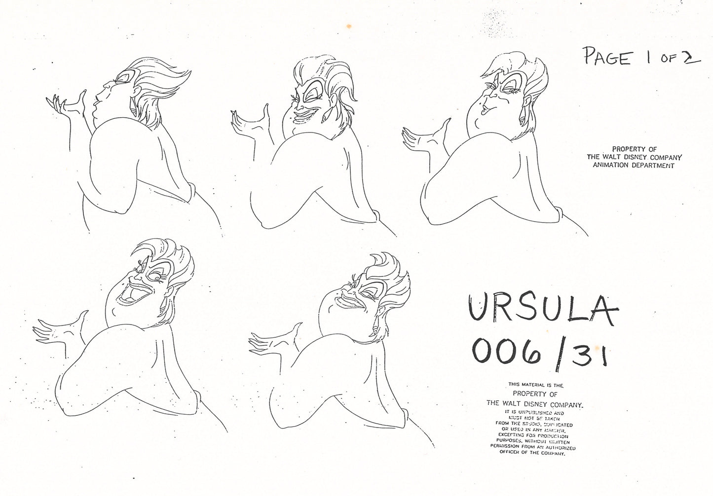 The Little Mermaid Original Production Model Sheet: Ursula