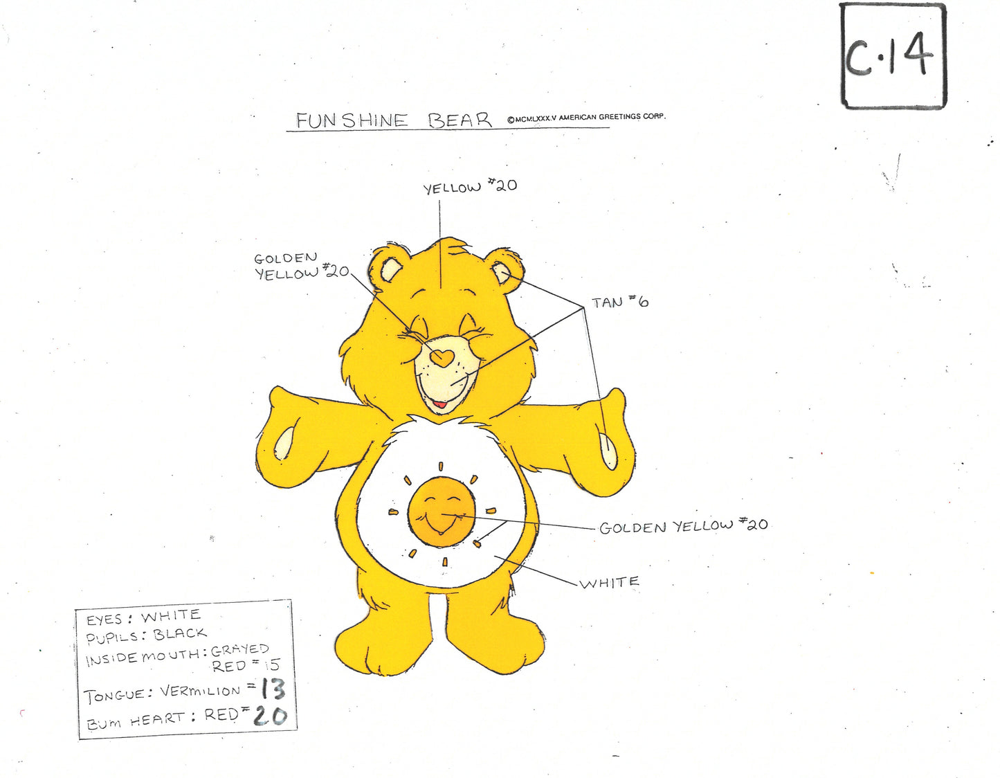 Care Bears Original Production Color Model Sheet: Funshine Bear