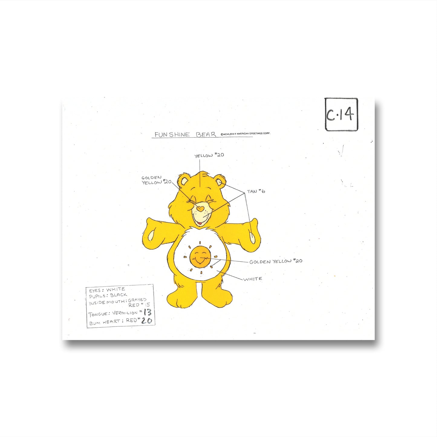 Care Bears Original Production Color Model Sheet: Funshine Bear