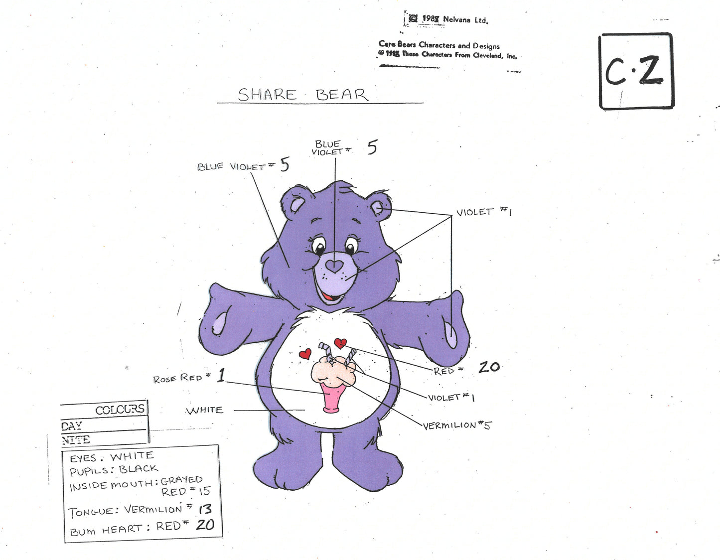 Care Bears Original Production Color Model Sheet: Share Bear