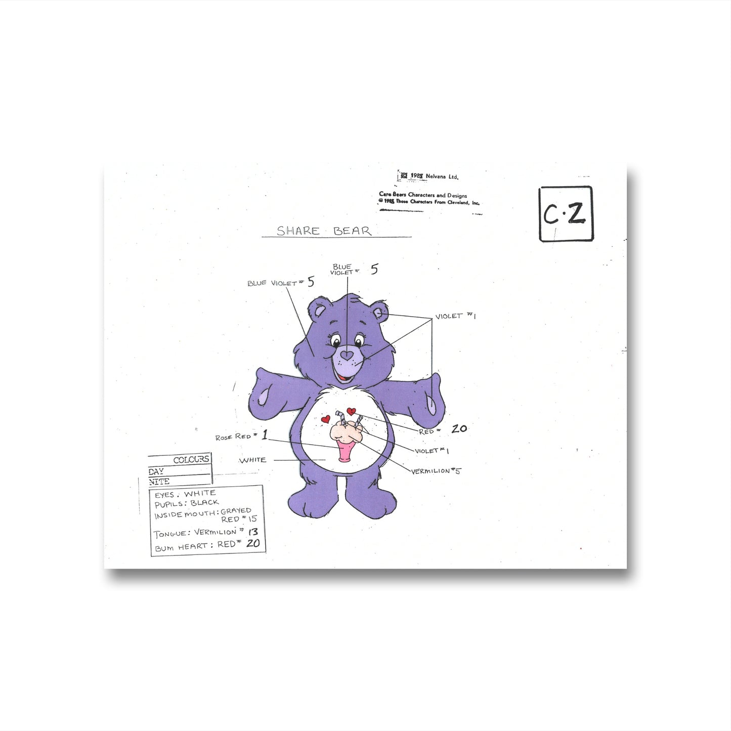 Care Bears Original Production Color Model Sheet: Share Bear