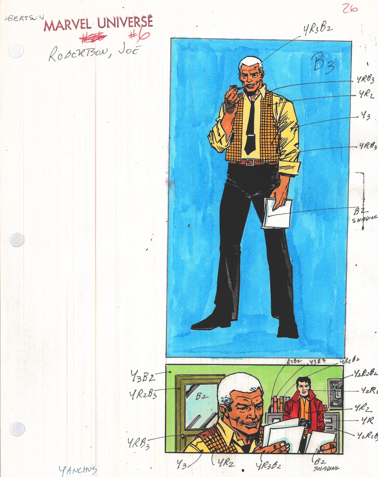 Signed Andy Yanchus 1989 Marvel Universe #6 Original Production Color Guide: Joe "Robbie" Robinson