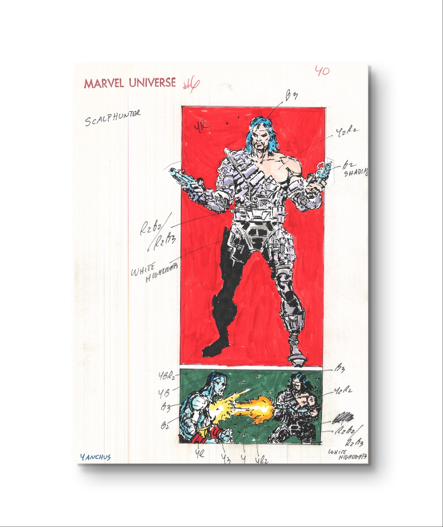 Signed Andy Yanchus 1989 Marvel Universe #6 Original Production Color Guide: Scalphunter