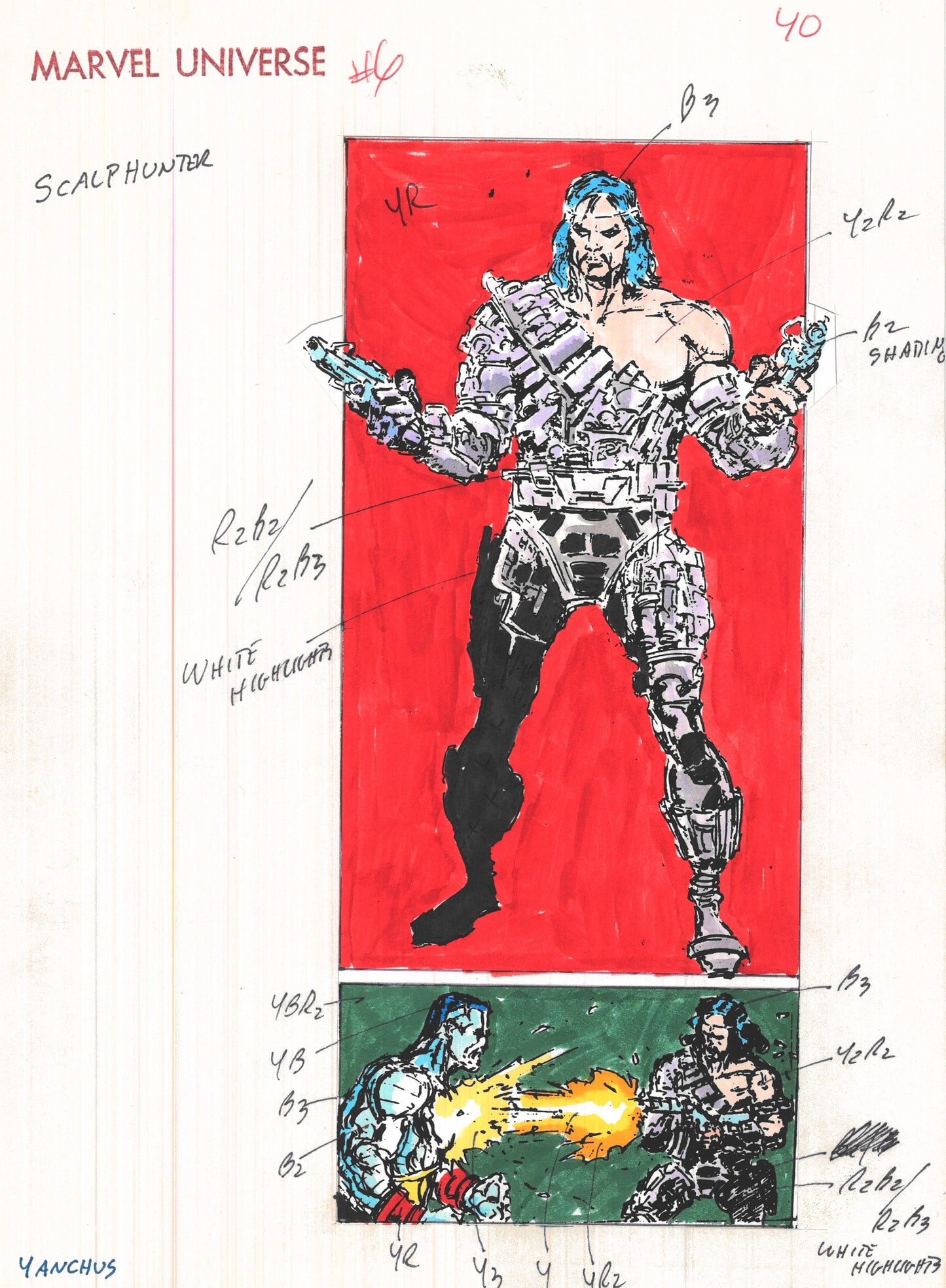 Signed Andy Yanchus 1989 Marvel Universe #6 Original Production Color Guide: Scalphunter