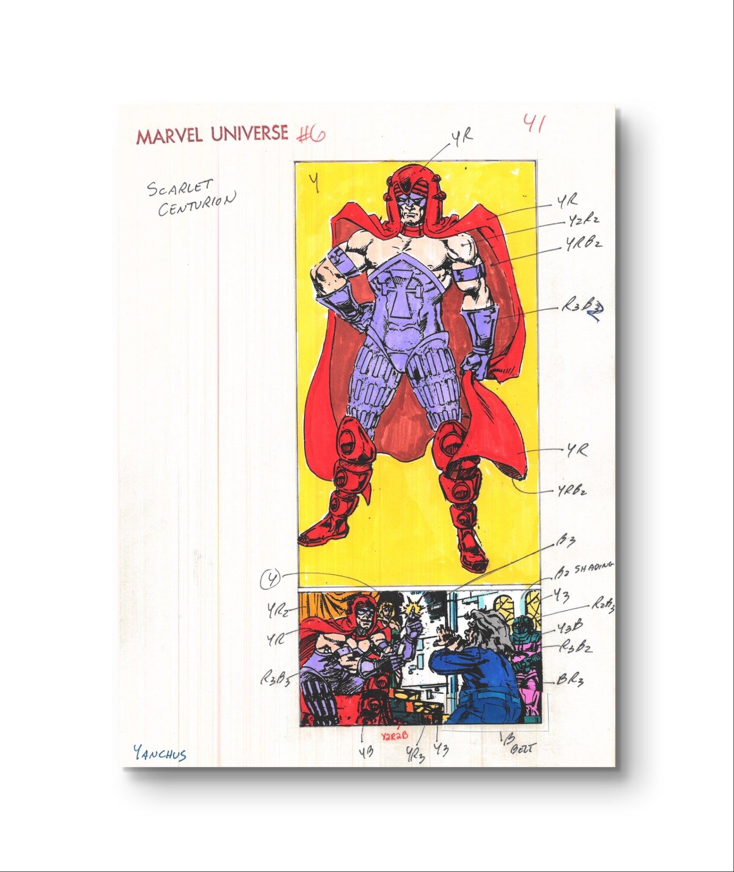 Signed Andy Yanchus 1989 Marvel Universe #6 Original Production Color Guide: Scarlet Centurion