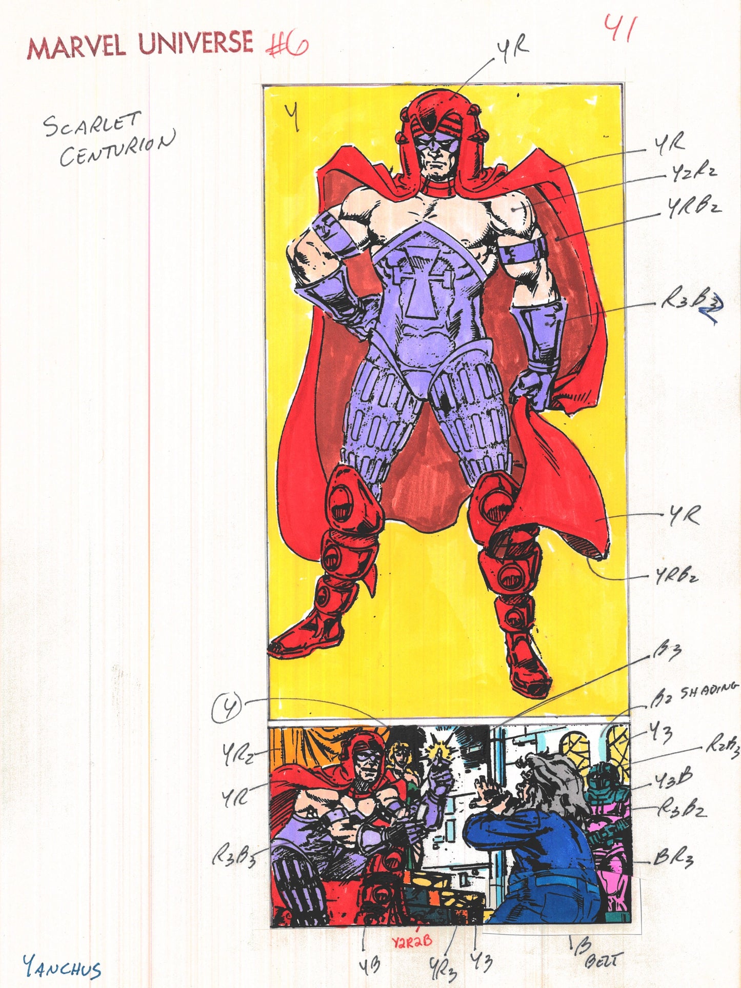 Signed Andy Yanchus 1989 Marvel Universe #6 Original Production Color Guide: Scarlet Centurion