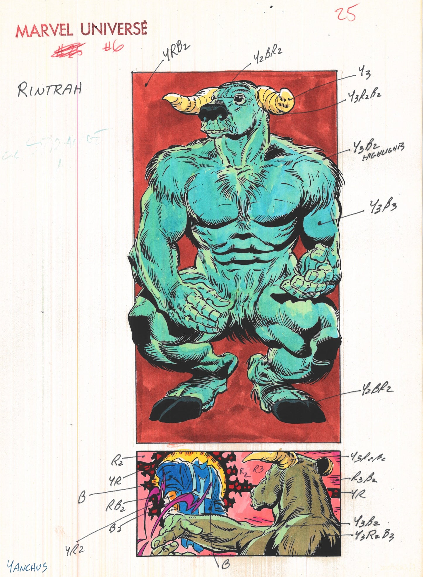 Signed Andy Yanchus 1989 Marvel Universe #6 Original Production Color Guide: Rintrah