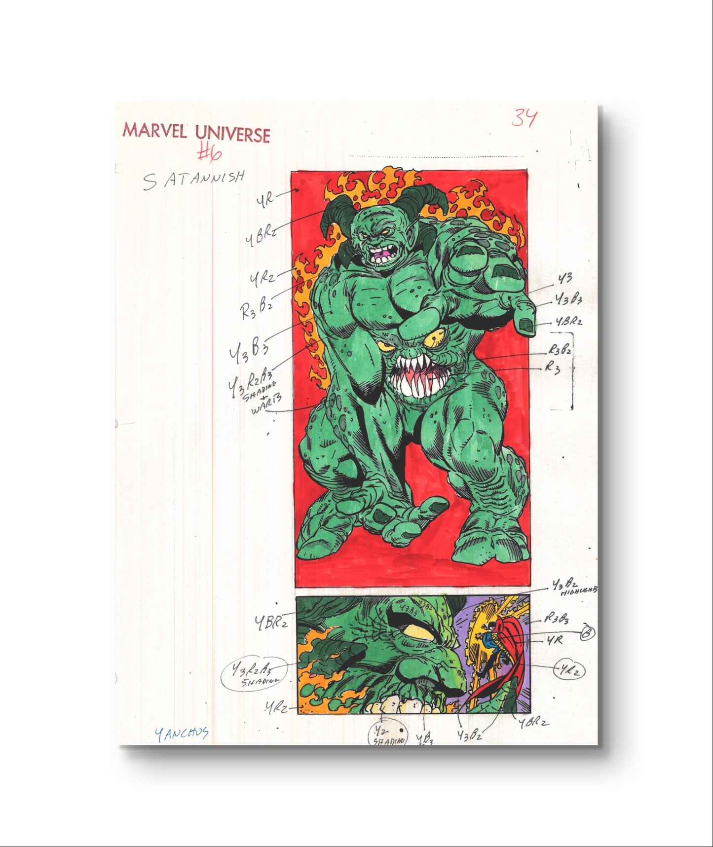 Signed Andy Yanchus 1989 Marvel Universe #6 Original Production Color Guide: Satannish