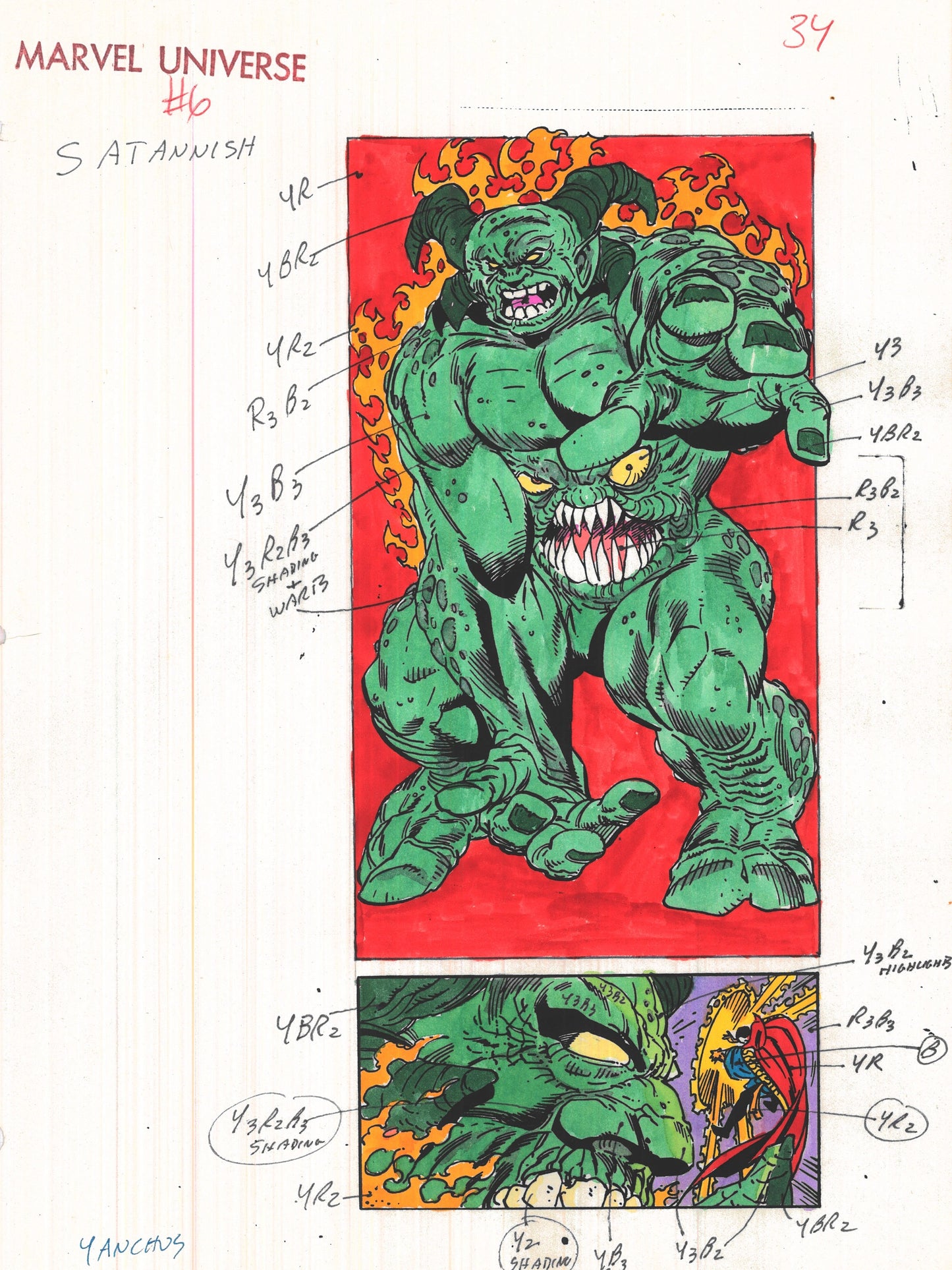 Signed Andy Yanchus 1989 Marvel Universe #6 Original Production Color Guide: Satannish